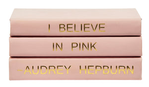 Stack of Pink Leather Books with Audrey Hepburn Quote "I Believe in Pink" (VH-STACK3-PINK-AUDREY)