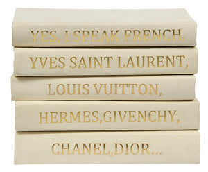 Stack of White Leather Bound Books with I Speak French Quote (VH-STACK5-WHT-FRENCH)