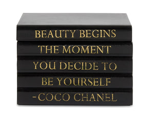 Black Leather Bound Box with Beauty Begins Coco Chanel Quote