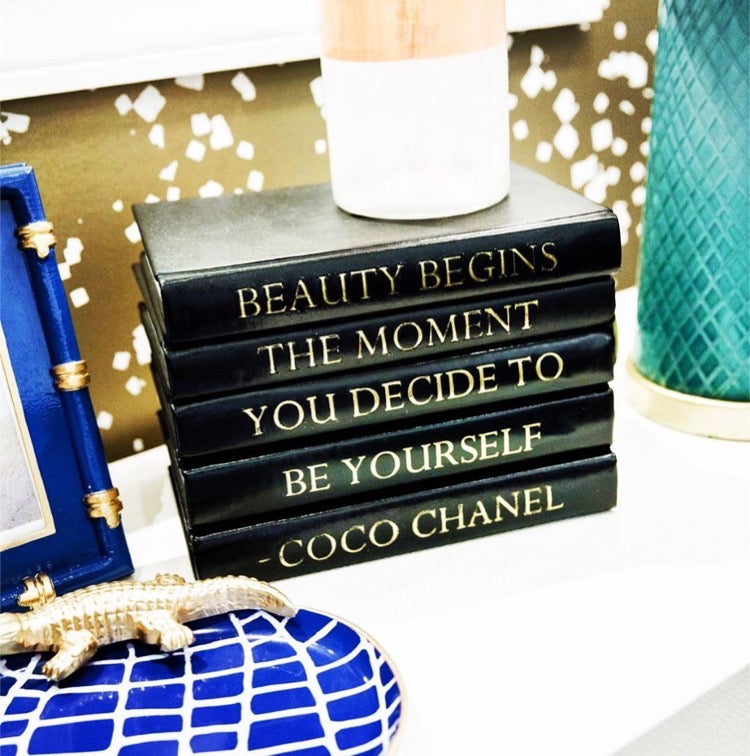 Black Leather Bound Box with Beauty Begins Coco Chanel Quote