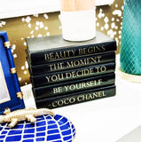 Black Leather Bound Box with "Beauty Begins..." Coco Chanel Quote (VH-BOX-BLK-BEAUTY)