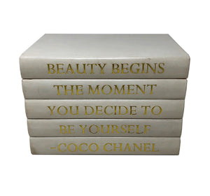 White Leather Bound Box with "Beauty Begins..." Coco Chanel Quote (VH-BOX-WHT-BEAUTY)