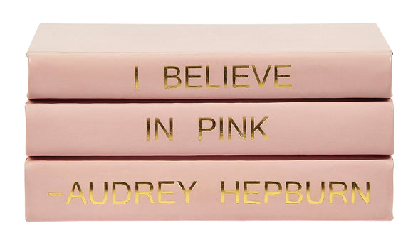 Stack of Pink Leather Books with Audrey Hepburn Quote 