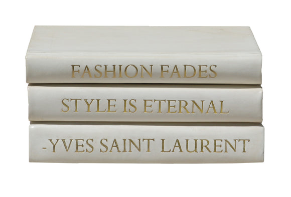 STACK OF THREE BOOKS WHITE LEATHER- 'FASHION FADES' -YVES SAINT LAURENT
