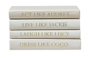 STACK OF FOUR BOOKS WHITE LEATHER- "ACT LIKE…" QUOTE