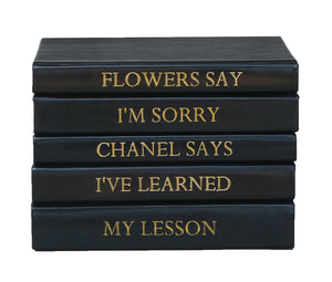 STACK OF FIVE BOOKS BLACK LEATHER- FLOWERS QUOTE