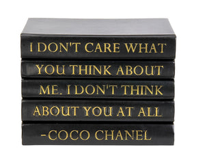 Stack of Black Leather Bound Books with Coco Chanel Quote "I Don't Care..." (VH-STACK5-BLACK-THINK)