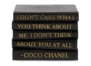 Stack of Black Shagreen Leather Bound Books with Coco Chanel Quote (VH-STACK5-SHAG-THINK)