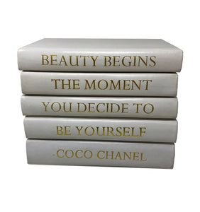 Stack of White Leather Bound Books with Coco Chanel Beauty Begins Quote (VH-STACK5-WHT-BEAUTY)