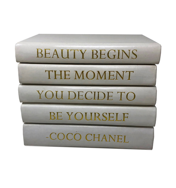 Løb Temmelig helikopter Stack of White Leather Bound Books with Coco Chanel Beauty Begins Quot –  Vellum Home