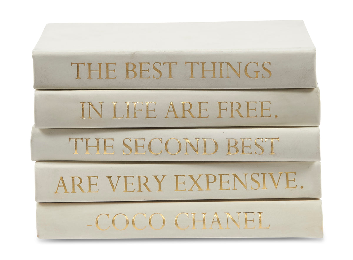 Stack of White Leather Bound Decorative Books with Coco Chanel Quote  (VH-STACK5-WHT-BEST)