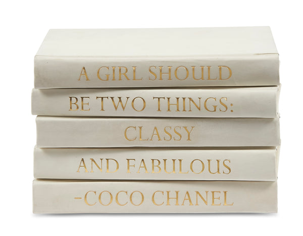 Stack of White Leather Bound Books with Coco Chanel Quote A Girl Should  be (VH-STACK5-WHT-COCO)