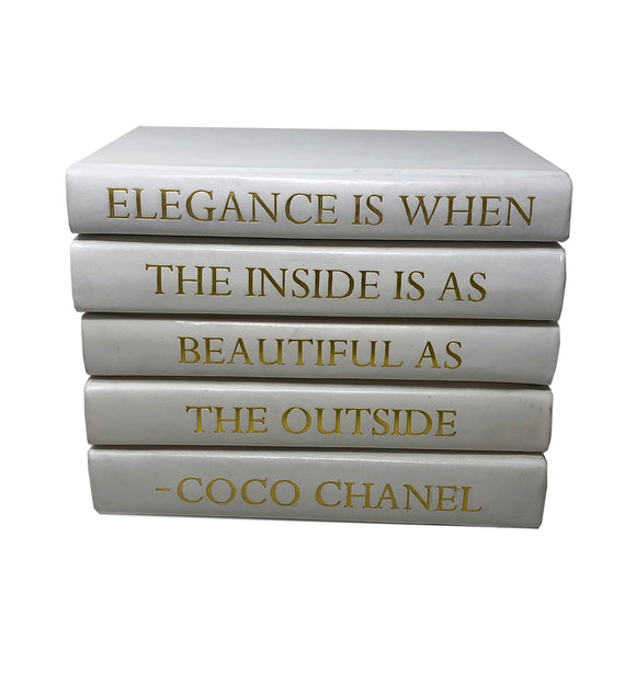 Stack of White Leather Bound Decorative Books with Coco Chanel Elegance Quote (VH-STACK5-WHT-ELEG)