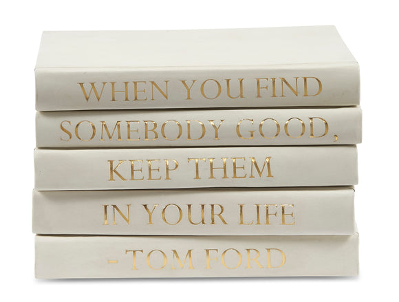 Stack of White Leather Bound Decorative Books with Tom Ford Quote (VH-STACK5-WHT-FORD)