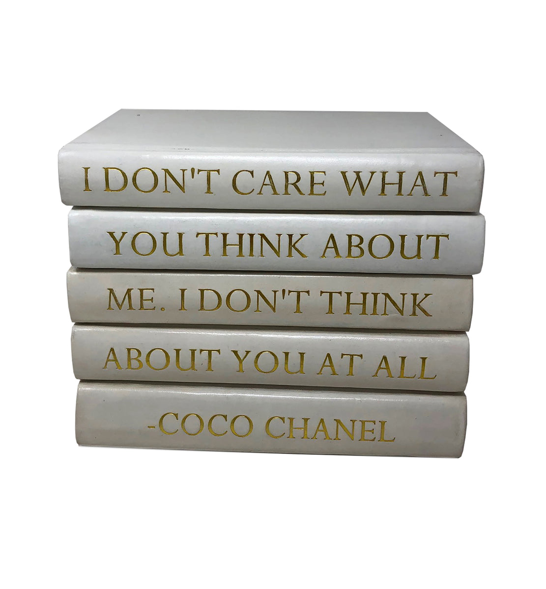 Stack of White Leather Bound Decorative Books with Coco Chanel Quote ( –  Vellum Home